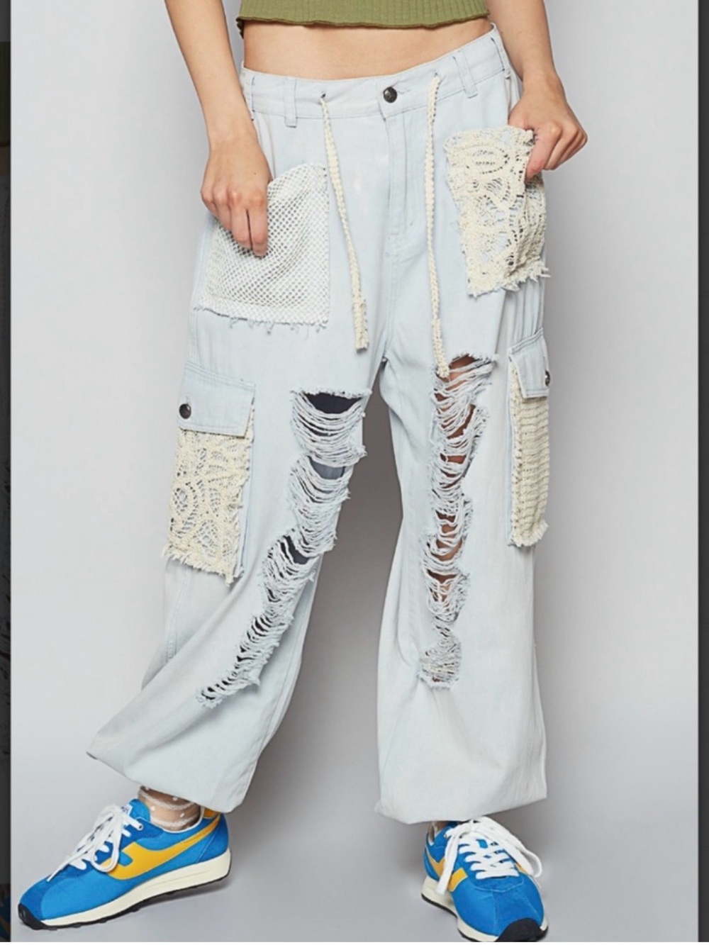 POL Light Blue Distressed Wide-Leg Denim Joggers with Crochet Patch Details.